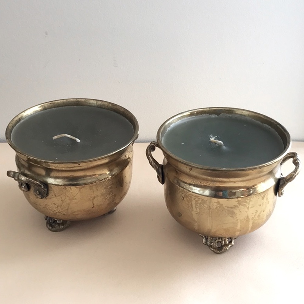 Brass Handmade Candles in Vintage Handle Footed Flower Pots from India set of 2